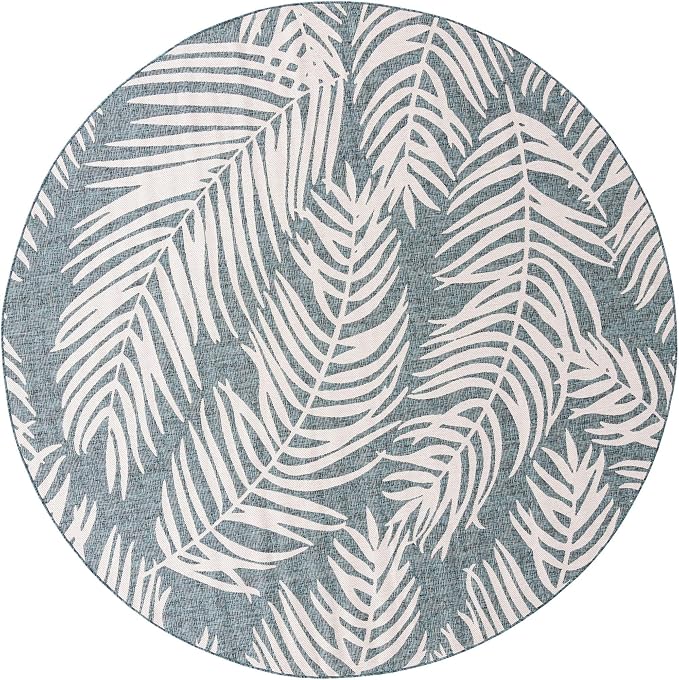 Unique Loom Outdoor Botanical Collection Area Rug - Palm (10' 8" Round, Teal/ Ivory)