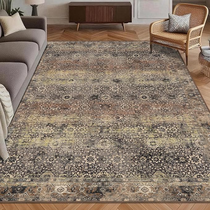 Washable Area Rug 4' x 6' Vintage Traditional Persian Mat - Foldable Distressed Non-Slip Machine Washable Carpet for Living Room Bedroom Kitchen Home Decor - Umber and Slate