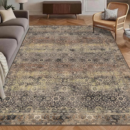 Washable Area Rug 4' x 6' Vintage Traditional Persian Mat - Foldable Distressed Non-Slip Machine Washable Carpet for Living Room Bedroom Kitchen Home Decor - Umber and Slate