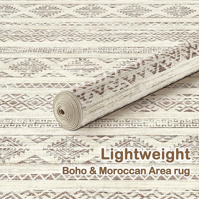 Tortania Area Rug Living Room Rugs - 8x10 Washable Large Soft Neutral Boho Moroccan Bohemian Farmhouse Rug Indoor Floor Carpet for Bedroom Under Dining Table Home Office Decor - Brown