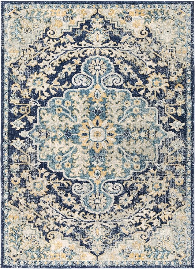Livabliss Area Rugs - 7x9 Odelia Vintage Boho Blue Aqua Slate Area Rug for Living Room Bedroom - Floral Medallion Stain Resistant Carpet for Kitchen, Nursery, Office (6'7" x 9')