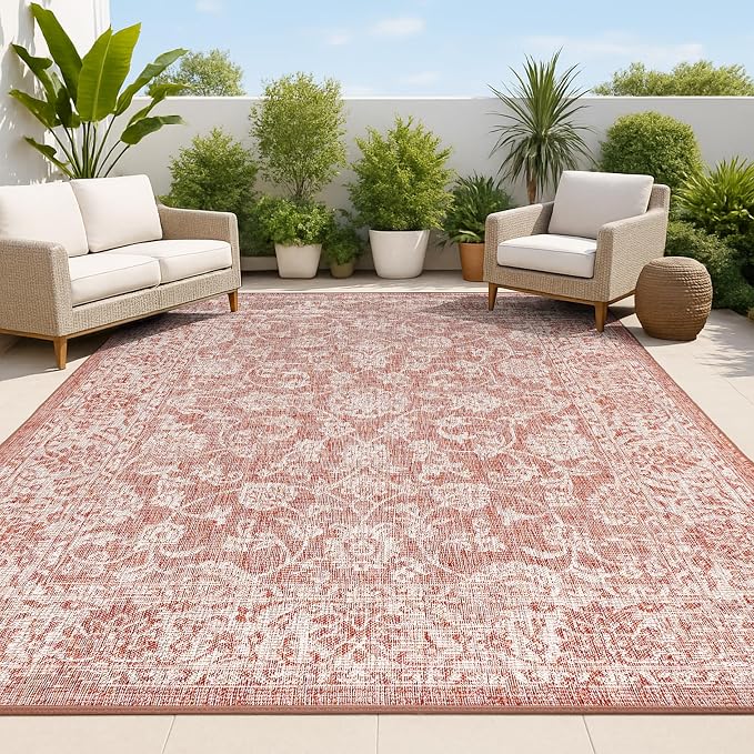 JONATHAN Y Weave Floral Indoor Outdoor Area Rug 3X5 Red/Taupe, Tela Bohemian Textured for Backyard, Patio, Porch, Easy-Cleaning, High Traffic, Pet-Friendly, Non-Shedding (SMB100A-3)