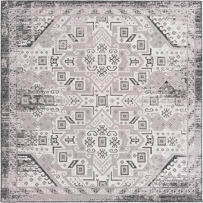 Unique Loom Outdoor Aztec Collection Area Rug - Coba (10' Square, Charcoal Gray/ Ivory)