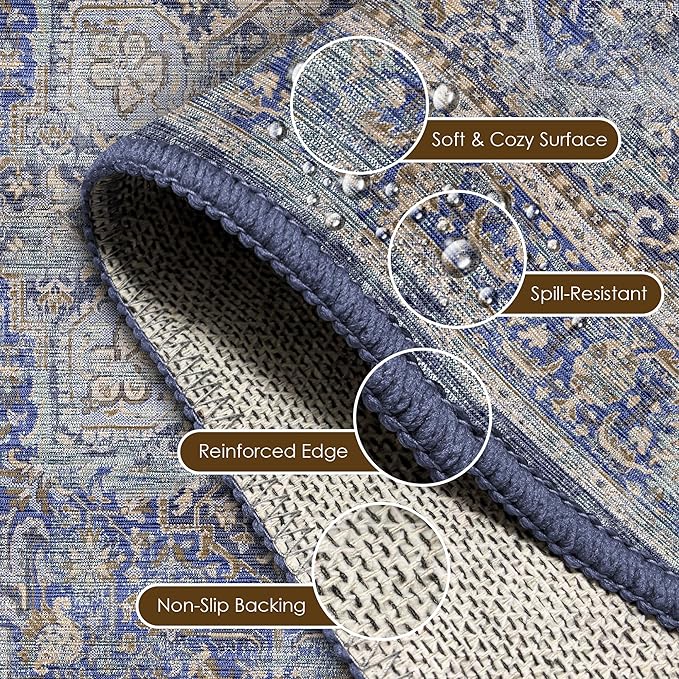 Washable Area Rug 8' x 10' Vintage Traditional Persian Mat - Foldable Distressed Non-Slip Machine Washable Carpet for Living Room Bedroom Kitchen Home Decor - Indigo and Gold