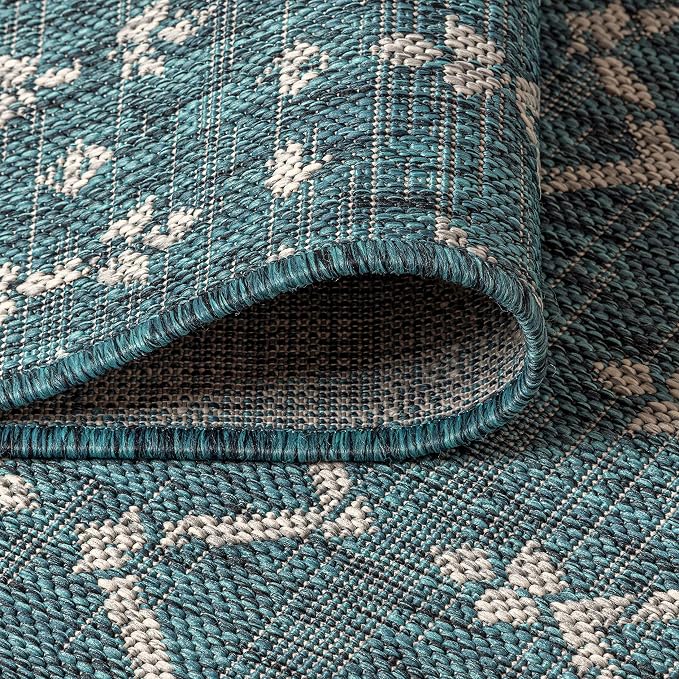 JONATHAN Y Moroccan Geometric Indoor Outdoor Round Area Rug 8 Ft Teal/Gray, Ourika Textured Weave for Backyard, Patio, Porch, Easy-Cleaning, High Traffic, Pet-Friendly, Non-Shedding (SMB108C-8R)