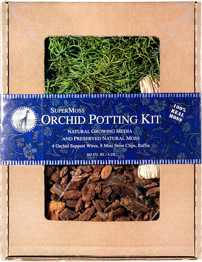 SuperMoss (90451) Orchid Potting Kit, Complete Orchid Care Set with Preserved Moss, Orchid Bark, Floral Clips and Stakes, 200 Cu. in., Spanish Moss, Green
