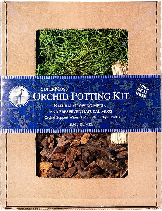 SuperMoss (90451) Orchid Potting Kit, Complete Orchid Care Set with Preserved Moss, Orchid Bark, Floral Clips and Stakes, 200 Cu. in., Spanish Moss, Green