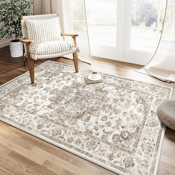 4x6 Brown Neutral Area Rug | Washable, Non Slip, Soft Low Pile, Vintage Farmhouse, for Entryway Kitchen Bathroom Living Room Bedroom Indoor Home Decor