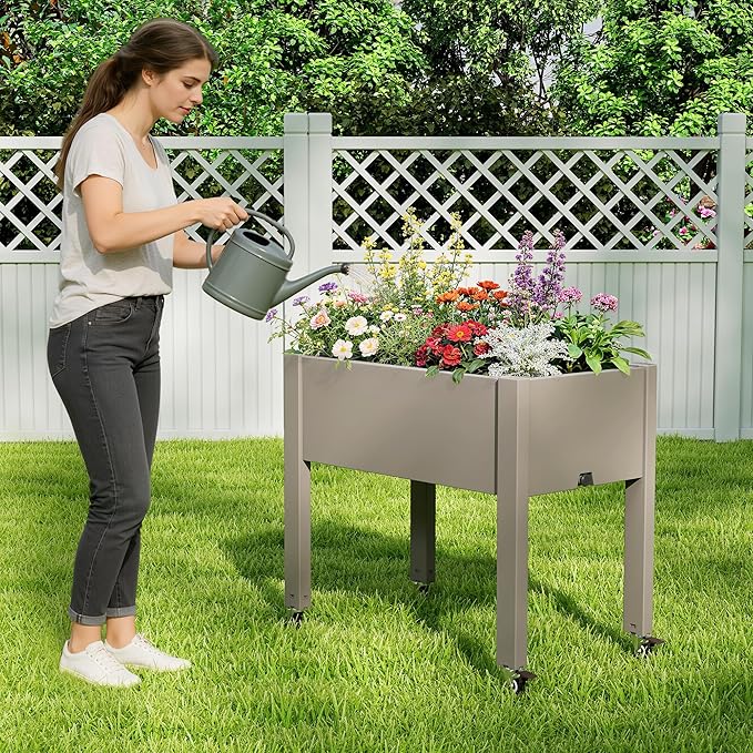 Elevated Raised Garden Bed with Wheels,Planter Box,Gray-26.3" h | Resin Planter Box with Drainage Holes, Water Monitor, Wheels for Garden Patio Backyard