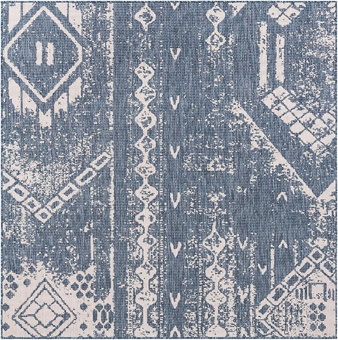 Unique Loom Outdoor Bohemian Collection Area Rug - Anthro (7' 1" Square, Blue/ Ivory)