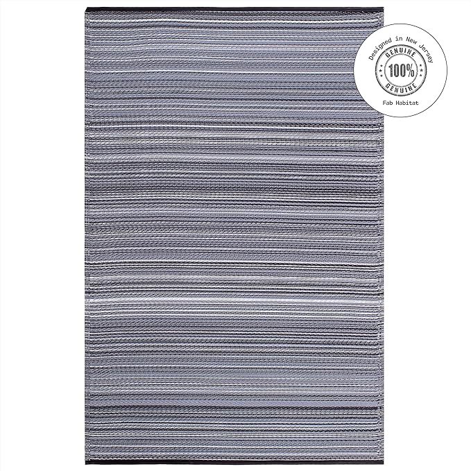 Fab Habitat Outdoor Rug - Waterproof, Fade Resistant, Crease-Free - Premium Recycled Plastic - Striped - Large Patio, Deck, Sunroom, Camping, RV - Cancun - Midnight - 6 x 9 ft