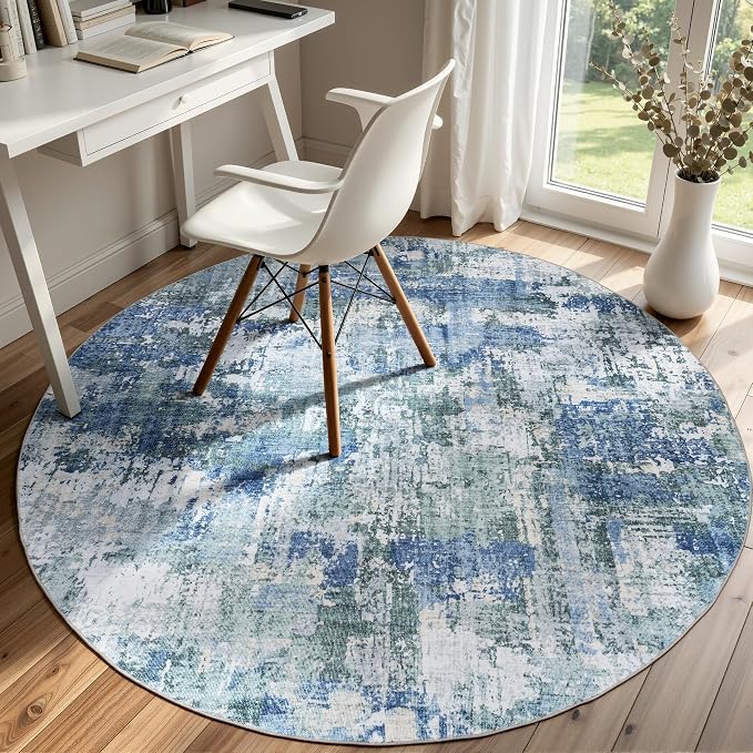 Sasttie 4ft Round Area Rug, Modern Abstract Circle Carpet, Blue & Green | Machine Washable, Ultra-Soft Faux Wool, Low Pile, Non-Slip, Lightweight, Thin, for Living Room, Bedroom, Dinning Room & Dorm