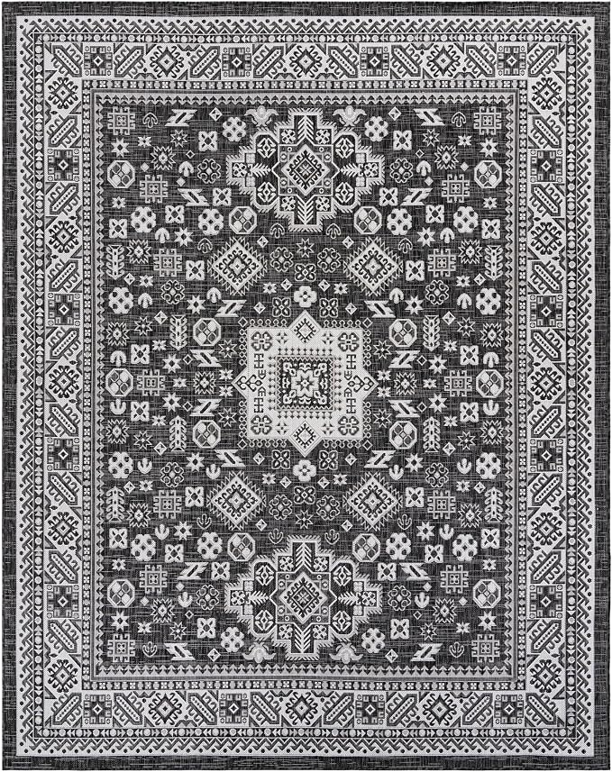 Unique Loom Outdoor Aztec Collection Area Rug - Chalca (7' 10" x 10' Rectangle Charcoal Gray/Ivory)
