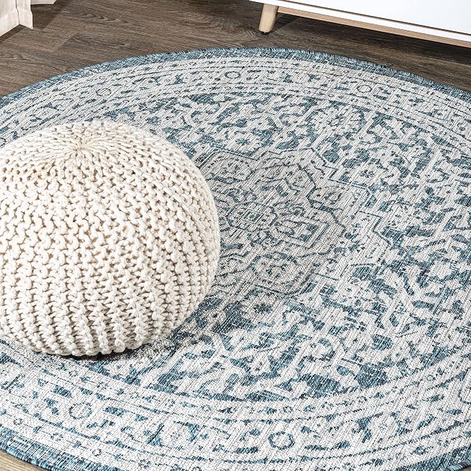 JONATHAN Y Medallion Weave Indoor Outdoor Round Area Rug 6 Ft Teal Blue/Gray, Sinjuri Textured for Backyard, Patio, Porch, Easy-Cleaning, High Traffic, Pet-Friendly, Non-Shedding (SMB101C-6R)