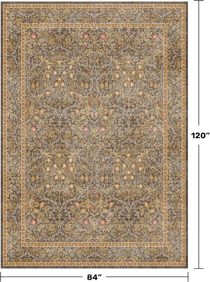 Vintage Gold Brown Living Room Rug, 7x10 Washable Area Rugs for Dining Room Under Table, Bedroom, Oriental Low Pile Stain Resistant Non-Slip Thin Soft Carpet