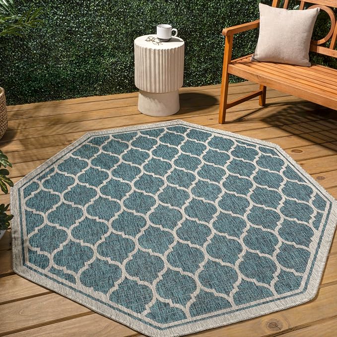 JONATHAN Y Moroccan Trellis Indoor Outdoor Octagon Area Rug 8 Ft Teal/Gray, Trebol Textured Weave for Backyard, Patio, Porch, Easy-Cleaning, High Traffic, Pet-Friendly, Non-Shedding (SMB109E-8TGN)