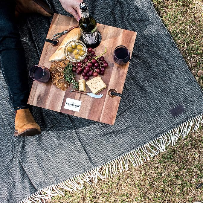 Komorebi Extra Large Picnic Blanket - 78” x 59” – Waterproof Outdoor Blanket, Foldable & Portable Sandproof Beach Blanket – Grey Travel Mat with Faux Wool & Carry Handle
