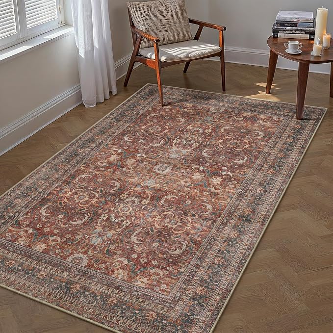 3x5 Brick Red Vintage Distressed Washable Area Rug for Entryway | Low Pile, Non Slip, Retro Style, Soft Distressed Indoor Rug for Entryway, Kitchen, Bathroom, Door Mat, Home Decor