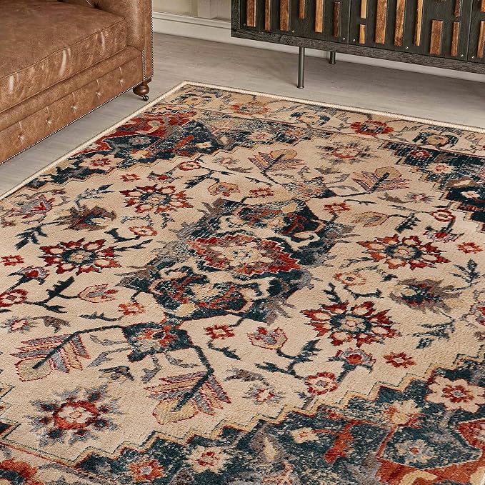 Superior Indoor Area Rug or Runner, Patchwork Rustic Leaves Floor Decor, Soft Plush Rugs for Living Room, Office, Kitchen, Dining, Aesthetic Home Accessories, Zelder Collection 5ft x 8ft - Ivory-Teal