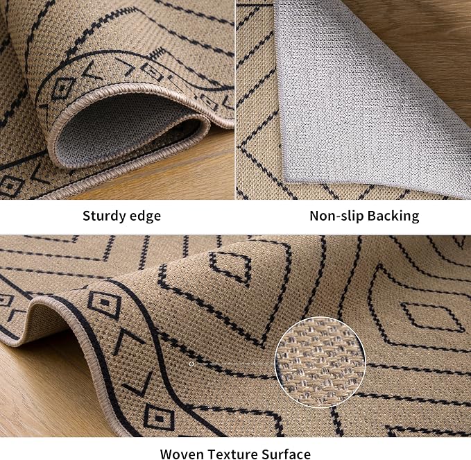 Tangsoo Easy Jute Rug 3x5 for Entryway,Geometric Non-Slip Washable Indoor Outdoor Door Carpet,Farmhouse Ultra Thin Throw Mat for Kitchen Bedroom Front