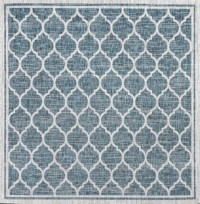 JONATHAN Y Moroccan Trellis Indoor Outdoor Square Area Rug 8X8 Teal/Gray, Trebol Textured Weave for Backyard, Patio, Porch, Easy-Cleaning, High Traffic, Pet-Friendly, Non-Shedding (SMB109E-8SQ)