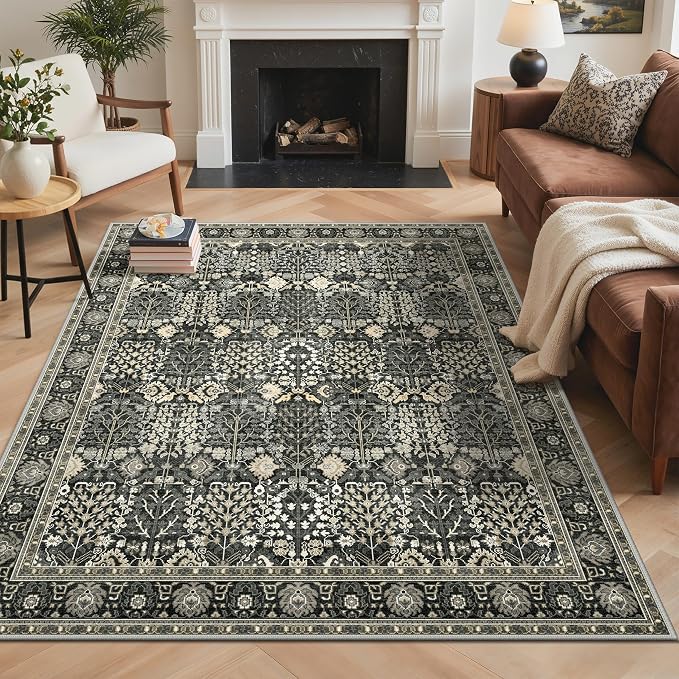 8x10 Washable Area Rug Non Slip for Living Room, Black | Large Vintage Floral Rug, Low Pile Lightweight Carpet, Non Shedding for Bedroom, Dining Room and Home Office