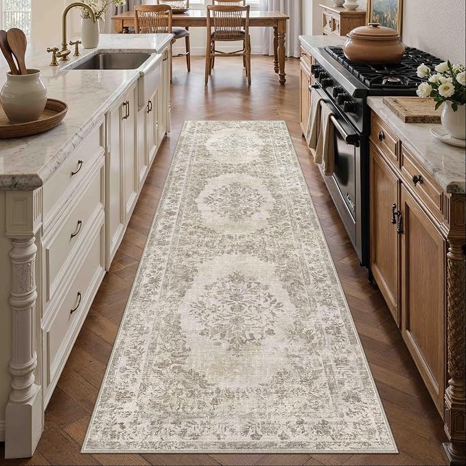 2x8 Washable Runner Rug Kitchen Cream Beige Vintage Long Carpet | Soft Low Pile, Non Slip, Stain Resistant, Floral Medallion, Neutral Retro Decor for Bathroom, Laundry Room, Hallway, Entryway