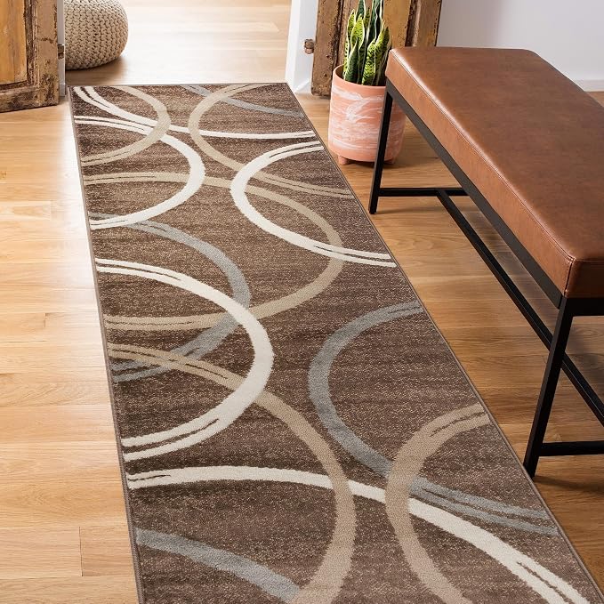 Rugshop Wavy Circles Modern Jute Backing Runner Rug Brown 2' x 7'2" | Runner, Size 2' x 7'2", Living Room, Bedroom, Dining Room, Home Office, Kitchen, Entryway, Hallway, Nursery, Kids Room