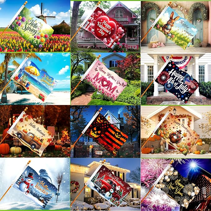Large Seasonal Garden Flags Set of 12-3x5 Ft Outdoor Double Sided Yard Flags with 2 Grommets for All Seasons Holiday Garden Decor Double Stitching Fall Winter Halloween Christmas Outside Decor