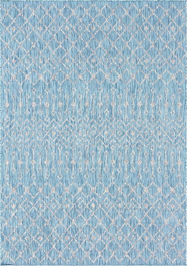Unique Loom Outdoor Trellis Collection Area Rug - Tribal Trellis (8' x 8' Rectangle, Aqua/ Ivory)