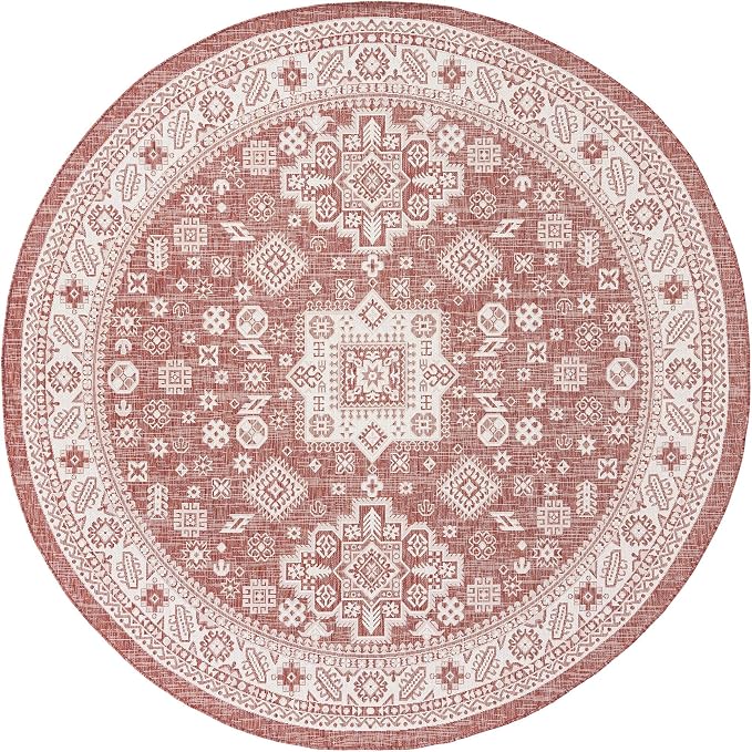 Unique Loom Outdoor Aztec Collection Area Rug - Chalca (10' Round, Rust Red/ Ivory)