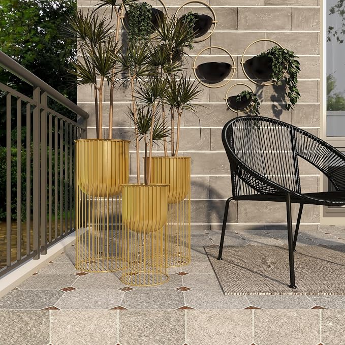 Deco 79 Metal Indoor Outdoor Planter Deep Recessed Dome Large Planter Pot with Elevated Caged Stand, Set of 3 Planters 24", 20", 16"H, Gold