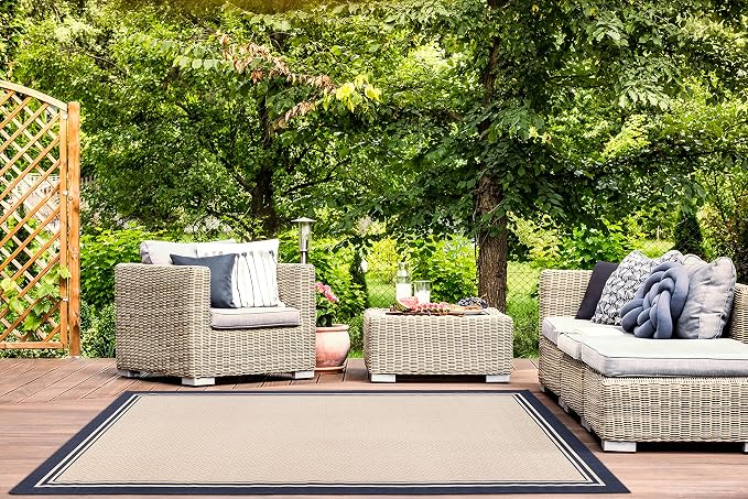 Gertmenian Indoor Outdoor Classic Flatweave Area Rug, Stain & UV Resistant Carpet, Deck, Patio, Poolside & Mudroom, 9x13 Ft Extra Large, Simple Border, Navy Blue, 21979