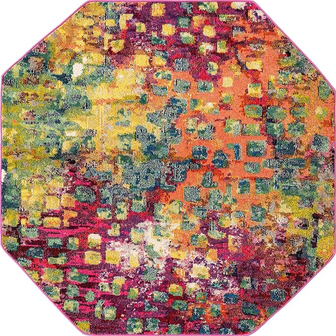 Unique Loom Jardin Collection Colorful, Vibrant, Abstract, Modern Area Rug (5' 0 x 5' 0 Octagon, Multi/Blue)