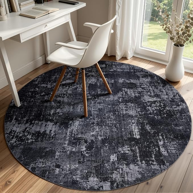Sasttie 4ft Round Area Rug, Modern Abstract Circle Carpet, Black & Grey | Machine Washable, Ultra-Soft Faux Wool, Low Pile, Non-Slip, Lightweight, Thin, for Living Room, Bedroom, Dinning Room & Dorm