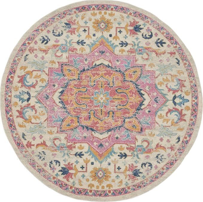 Nourison Home Passion Ivory Pink 8' x Round Area Rug - Easy Clean, Non Shedding, Bed Room, Living Room, Dining Room, Kitchen (8' x Round)