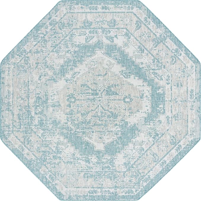 Unique Loom Outdoor Traditional Collection Area Rug - Valeria (7' 10" Octagon, Aqua/ Ivory)