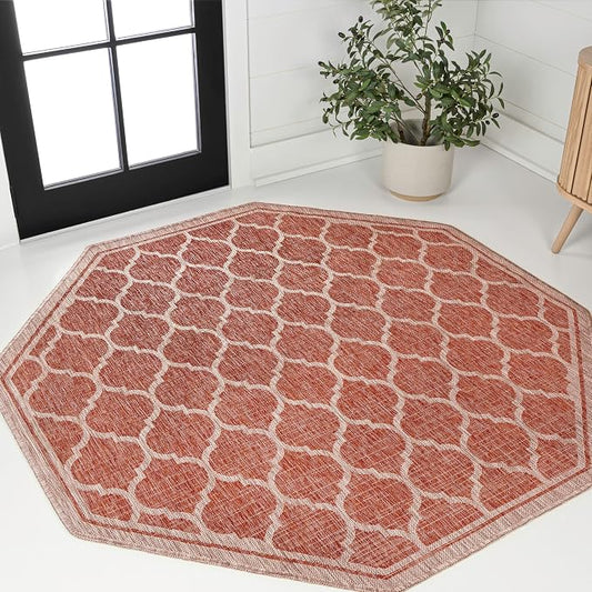 JONATHAN Y Moroccan Trellis Indoor Outdoor Octagon Area Rug 5 Ft Red/Beige, Trebol Textured Weave for Backyard, Patio, Porch, Easy-Cleaning, High Traffic, Pet-Friendly, Non-Shedding (SMB109C-5TGN)