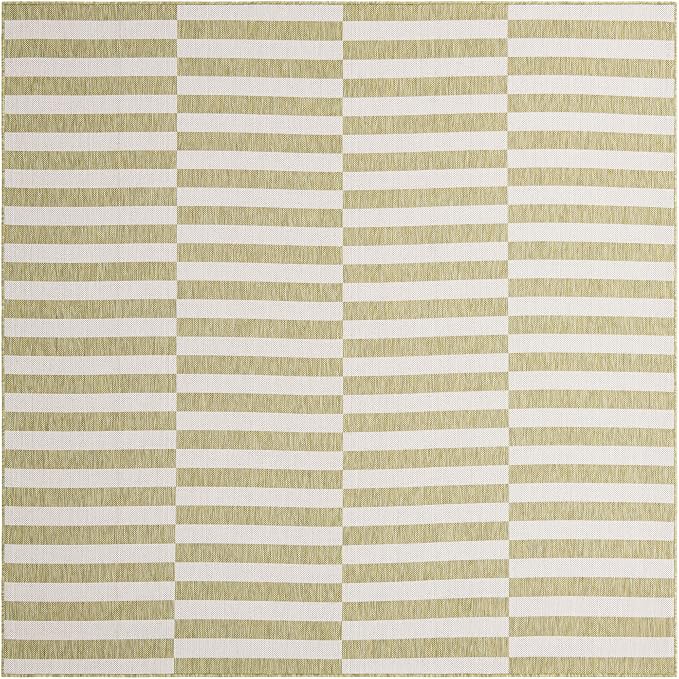 Unique Loom Outdoor Striped Collection Area Rug - Striped (7' 10" Square Green/Ivory)