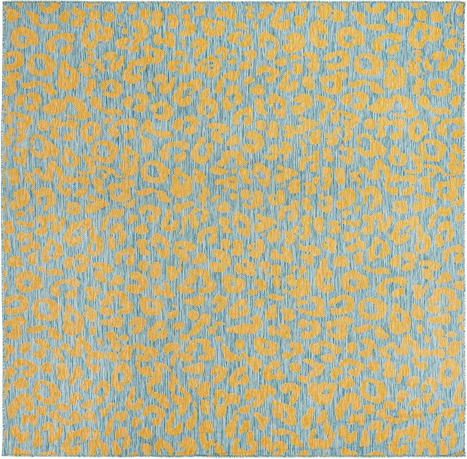 Unique Loom Outdoor Safari Collection Area Rug - Leopard (10' Square, Blue Yellow/ Blue)