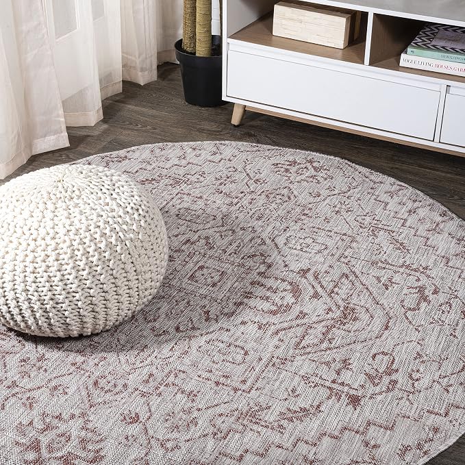 JONATHAN Y Boho Medallion Indoor Outdoor Round Area Rug 6 Ft Red/Taupe, Estrella Textured Weave for Backyard, Patio, Porch, Easy-Cleaning, High Traffic, Pet-Friendly, Non-Shedding (SMB105A-6R)