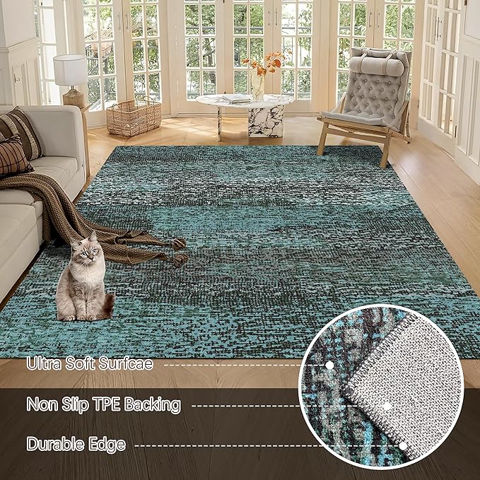 Washable Area Rug - 1/6 Thick - Stain & Water Resistant Non-Slip - Resistant Rug for Living Room, Bedroom, Nursery, Pet & Child Friendly, Vintage Charm Area Rugs (Green, 9' x 12')
