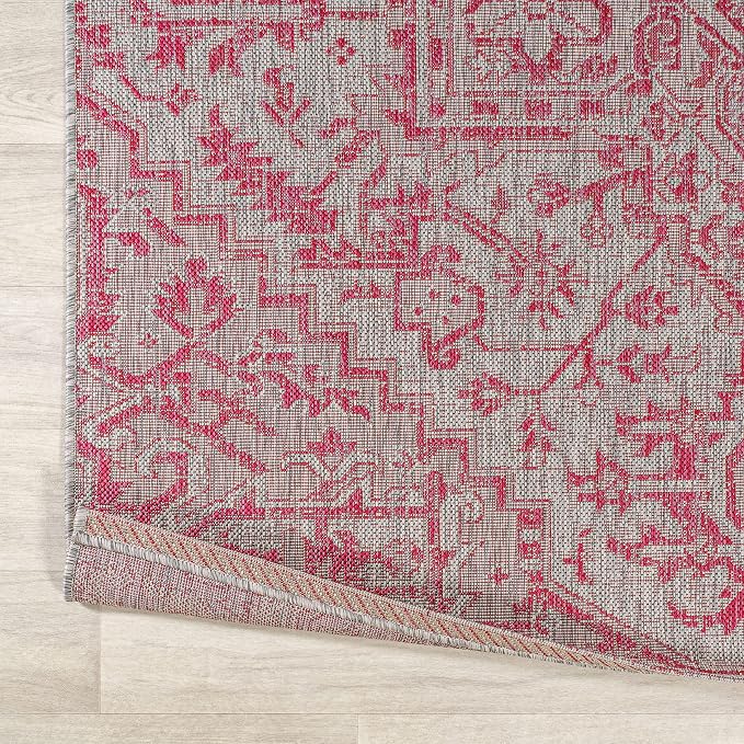 JONATHAN Y Boho Medallion Indoor Outdoor Round Area Rug 5 Ft Light Gray/Fuchsia, Estrella Textured Weave for Backyard, Patio, Porch, Easy-Cleaning, High Traffic, Pet-Friendly Non-Shedding SMB105F-5R
