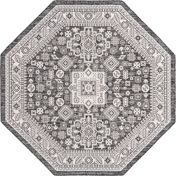Unique Loom Outdoor Aztec Collection Area Rug - Chalca (7' 10" Octagon, Charcoal Gray/ Ivory)