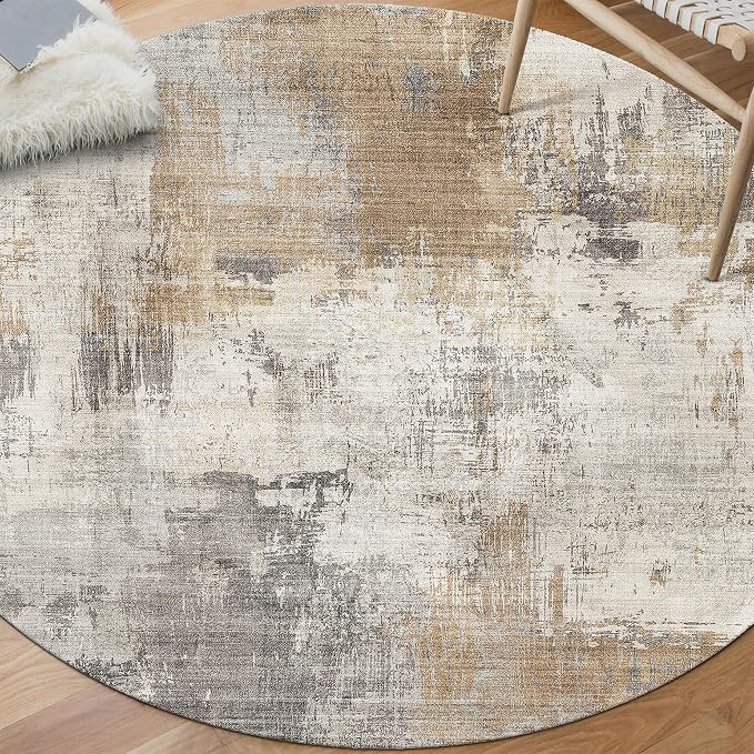 Machine Washable Area Rug - Living Room Bedroom Bathroom Kitchen Entryway Office - Padded Low Pile Stain Resistant Premium - Modern Abstract Contemporary - Quinn - Beige 6' Round
