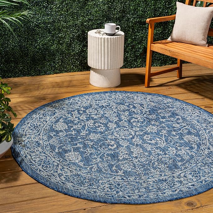 JONATHAN Y Weave Floral Indoor Outdoor Round Area Rug 6 Ft Navy/Gray, Tela Bohemian Textured for Backyard, Patio, Porch, Easy-Cleaning, High Traffic, Pet-Friendly, Non-Shedding (SMB100B-6R)