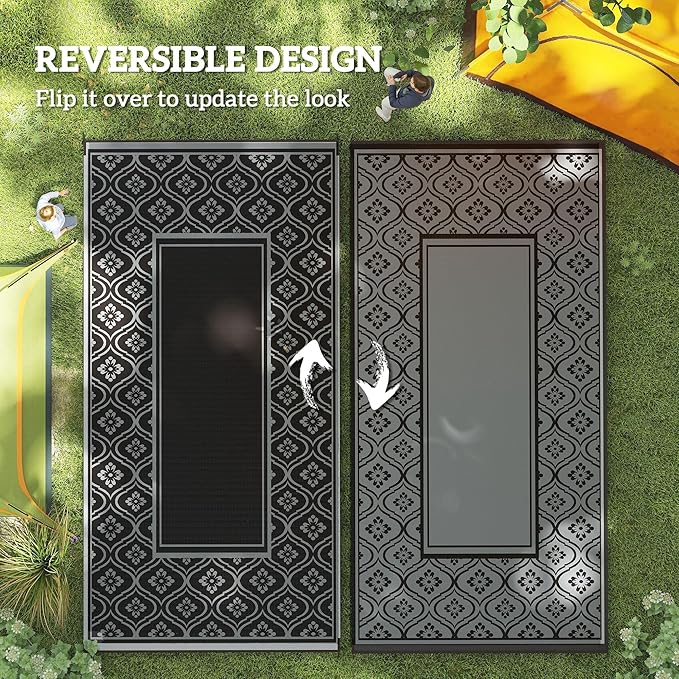 Outsunny Outdoor Rug for Patio, 9' x 18' Waterproof Large Mat, Reversible Plastic Straw Rug for Decor, Portable Outside RV Camping Area Carpet Mat for Backyard Porch Deck Picnic, Black & Gray Gourd