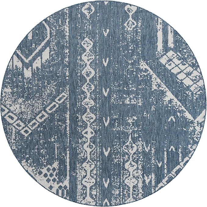 Unique Loom Outdoor Bohemian Collection Area Rug - Anthro (7' 10" Round, Blue/ Ivory)
