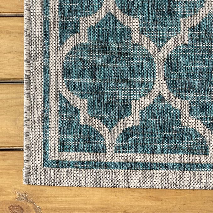 JONATHAN Y Moroccan Trellis Indoor Outdoor Round Area Rug 9 Ft Teal/Gray, Trebol Textured Weave for Backyard, Patio, Porch, Easy-Cleaning, High Traffic, Pet-Friendly, Non-Shedding (SMB109E-9R)