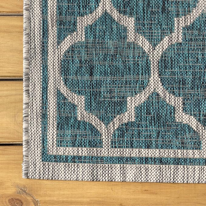 JONATHAN Y Moroccan Trellis Indoor Outdoor Round Area Rug 4 Ft Teal/Gray, Trebol Textured Weave for Backyard, Patio, Porch, Easy-Cleaning, High Traffic, Pet-Friendly, Non-Shedding (SMB109E-4R)